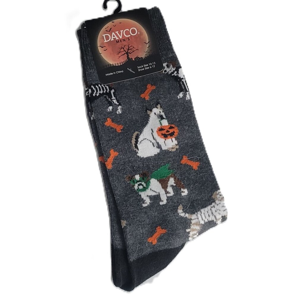 Davco Dark Gray with Halloween Costumed Dogs Print Men’s Crew Socks Shoe 6-12
